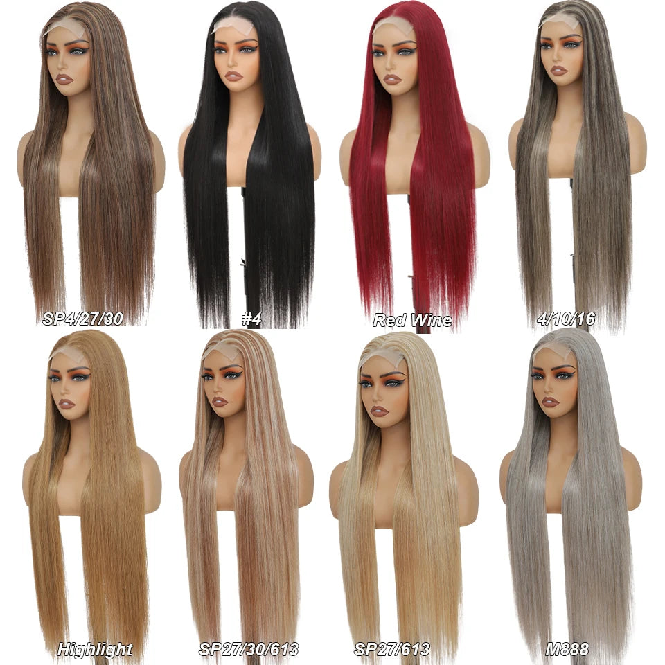36Inches Straight 4X4 Lace Front Wigs 330Grams Blond 27/613 Chestnut Brown Bio Heat Resistant Fiber Pre Plucked Transparent Lace