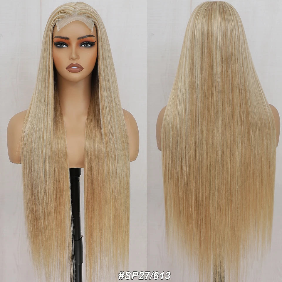 36Inches Straight 4X4 Lace Front Wigs 330Grams Blond 27/613 Chestnut Brown Bio Heat Resistant Fiber Pre Plucked Transparent Lace
