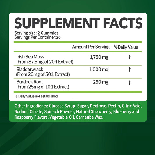 SEAMOSS Gummies - with Bladderwrack, Burdock Root - Immune Health, Healthier Skin & Hair, Detox - 60 Gummies