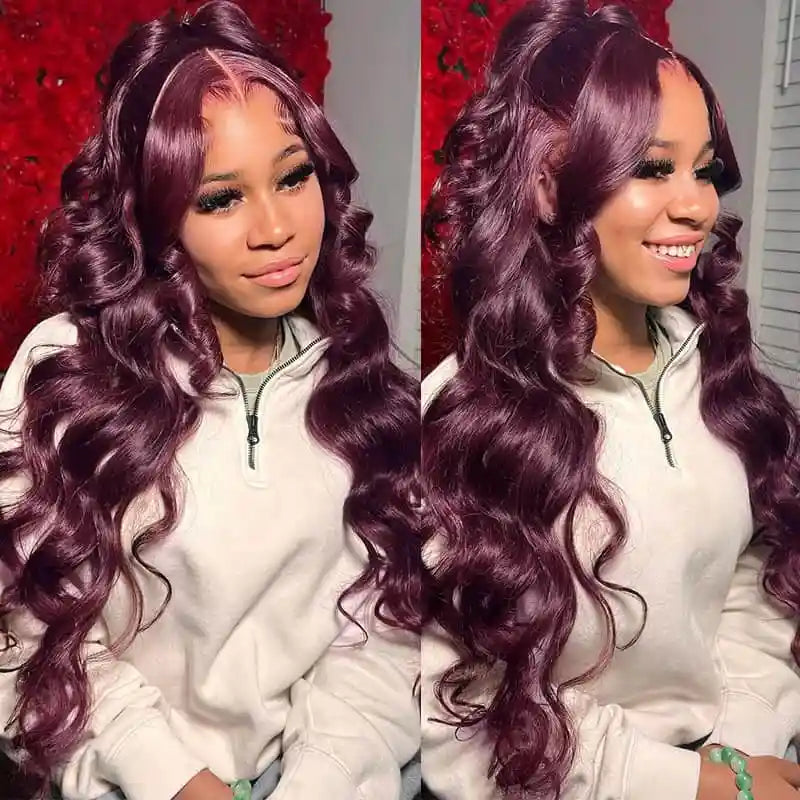 Dark Burgundy Lace Front Wigs Synthetic Body Wave Lace Wigs for Women Deep Purple 13X4 HD Lace Front Wigs T Part Glueless Wig
