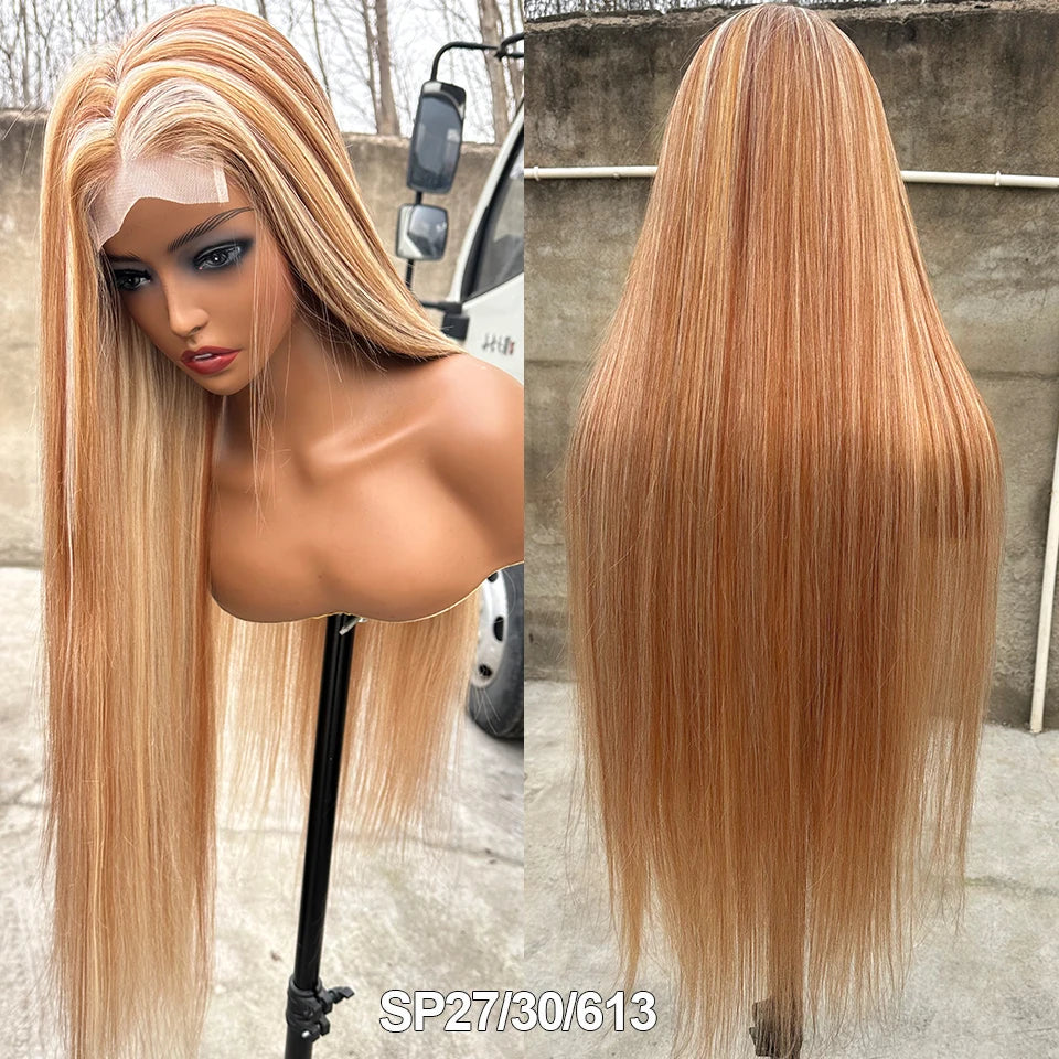 36Inches Straight 4X4 Lace Front Wigs 330Grams Blond 27/613 Chestnut Brown Bio Heat Resistant Fiber Pre Plucked Transparent Lace