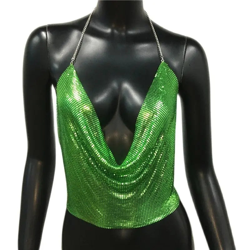 Sexy Metal Sequins Tank Top For Women 2025 Summer V Neck Backless Crop Tops Luxury Solid Short Party Nightclub Tank Tops