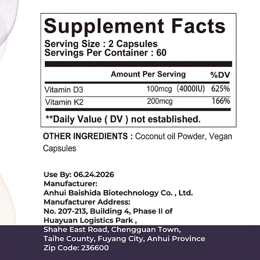 Vitamin D3 + K2 Supplement - Bone Regeneration, Immune Support, Promote Calcium Absorption - 120 Capsules