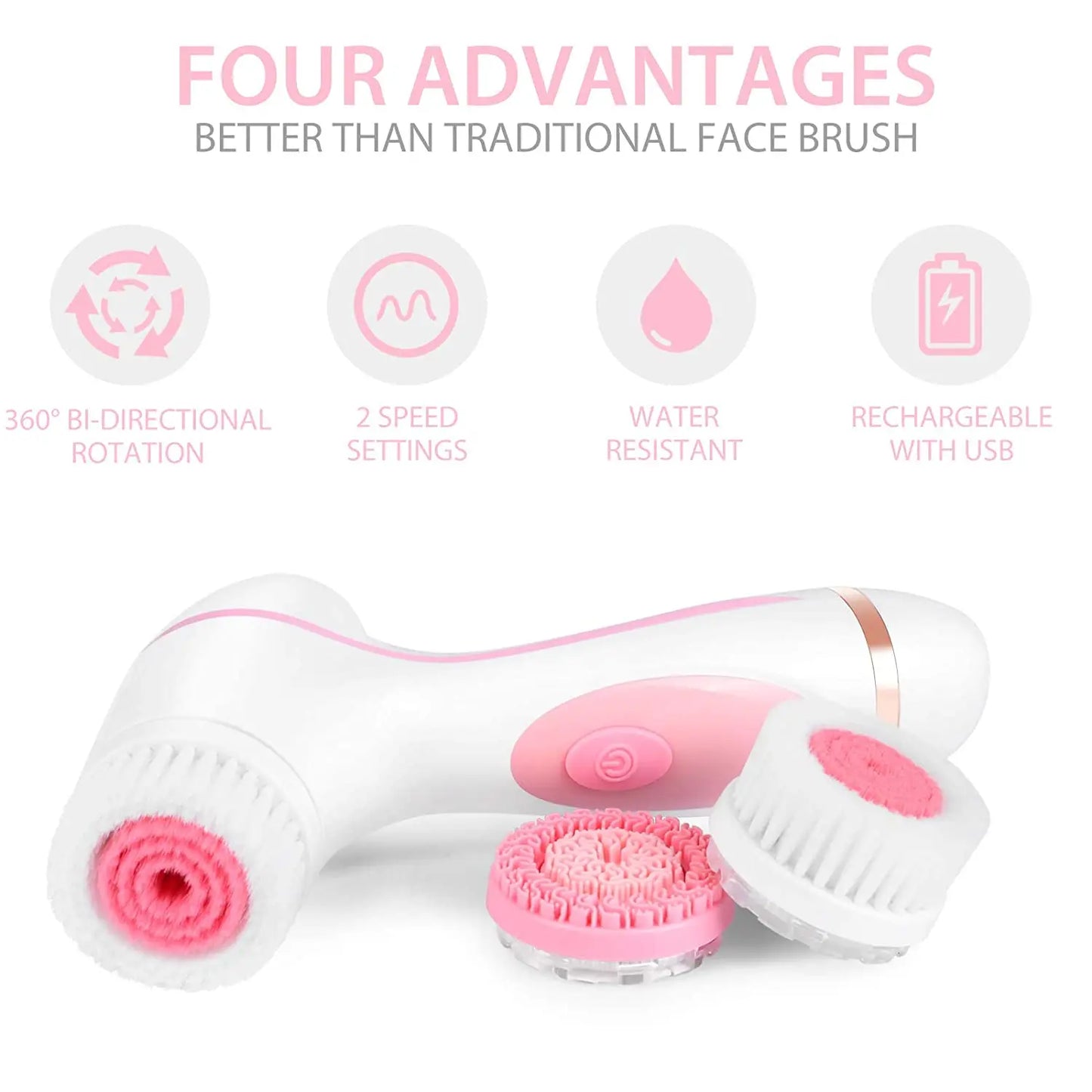 Facial Cleansing Brush Sonic Electric Face Cleanser Waterproof Soft Deep Pore Massage 3 Heads 4 Modes Blackhead Remover Machine
