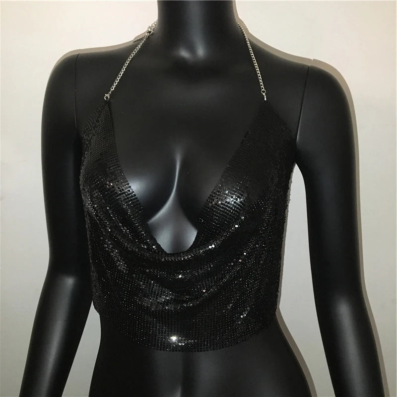 AKYZO Women 2025 Sexy Metal Sequined Tank Camis Summer Gold Silver Backless Cropped Glitter Beach Club Show Wear Tank Tops