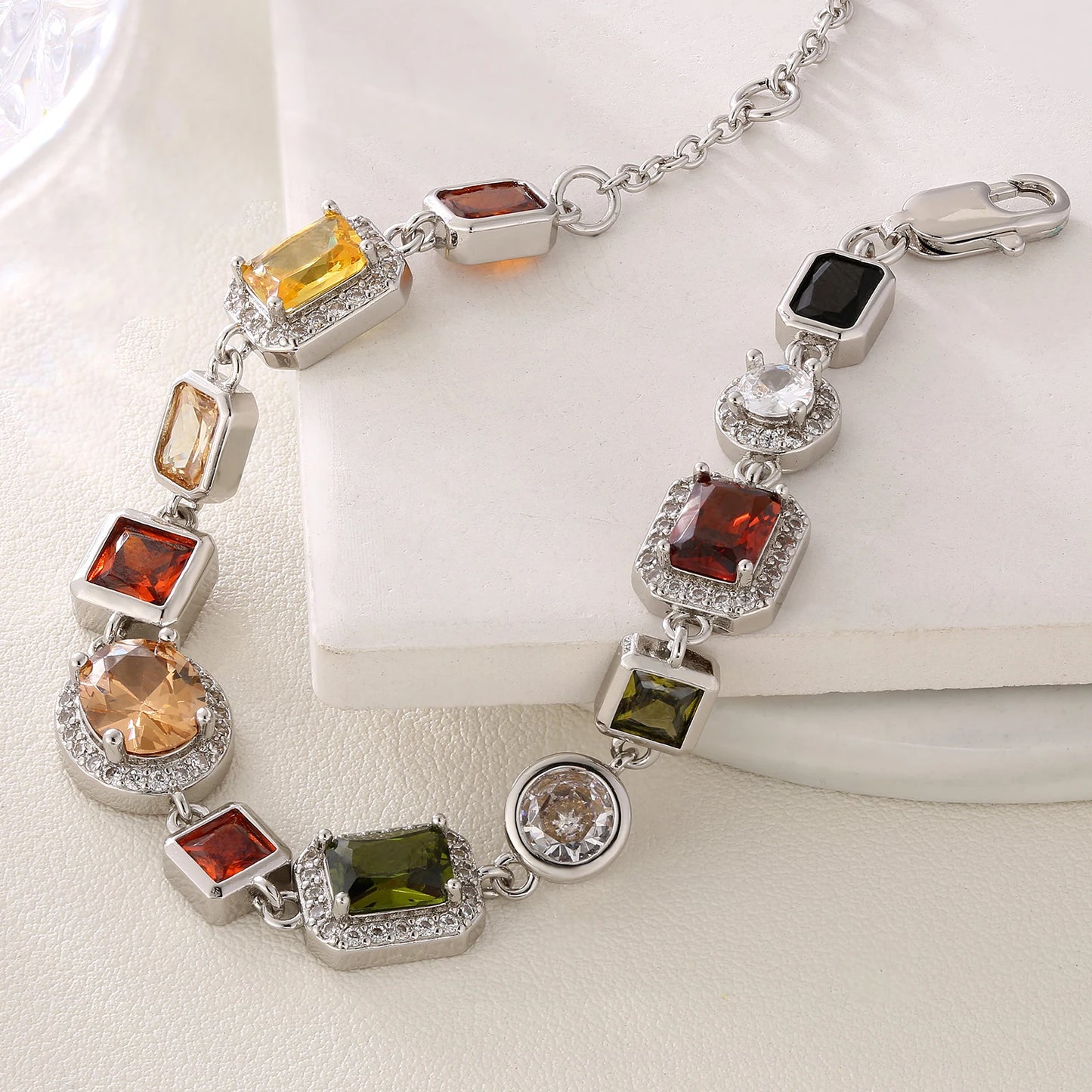 USA Warehouse 10MM Colourful Gemstone Chain 18K Gold Plated Multi Colored CZ Zirconia Jewelry Gem Stone Bracelet for Men Women