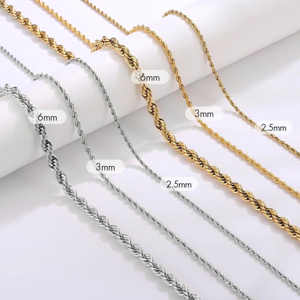 USA Warehouse 3mm Rope Necklace Fashion Jewelry Stainless Steel Twist Link 18k Real Gold Silver Plated Rope Chain for Men Women