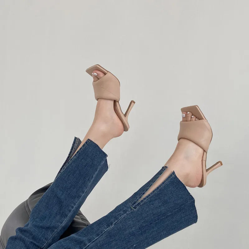 Eilyken Summer New Women Slipper Peep Toe Thin High Heel Sandal Shoes Ladies High Quality PU Leather Slides Pumps