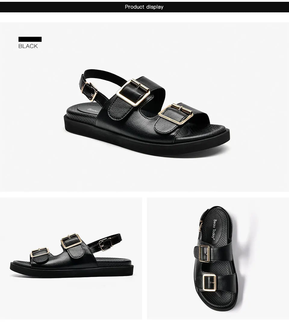 BeauToday Casual Sandals Women Genuine Leather Metal Ankle Buckle Strap Summer Beach Ladies Low Heel Sport Shoes Handmade 38128