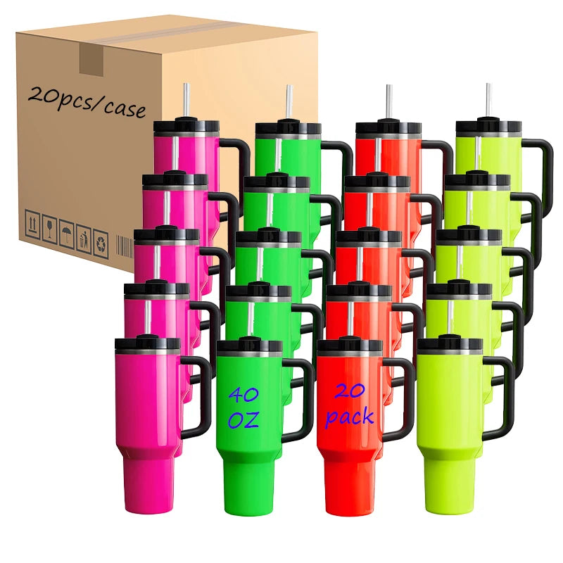 USA Warehouse 16Pack Neon 40oz Sublimation Blank Stainless Steel Vacuum Insulated Travel Coffee Mug Tumbler With Handle