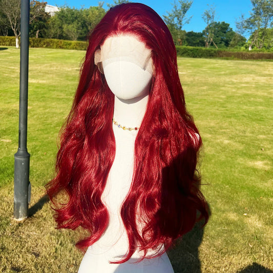 Factory Wholesale Price Natural Wine Red Lace Synthetic Heat-resistant Wavy Hair Without Bangs Wavy Wig. SM9827