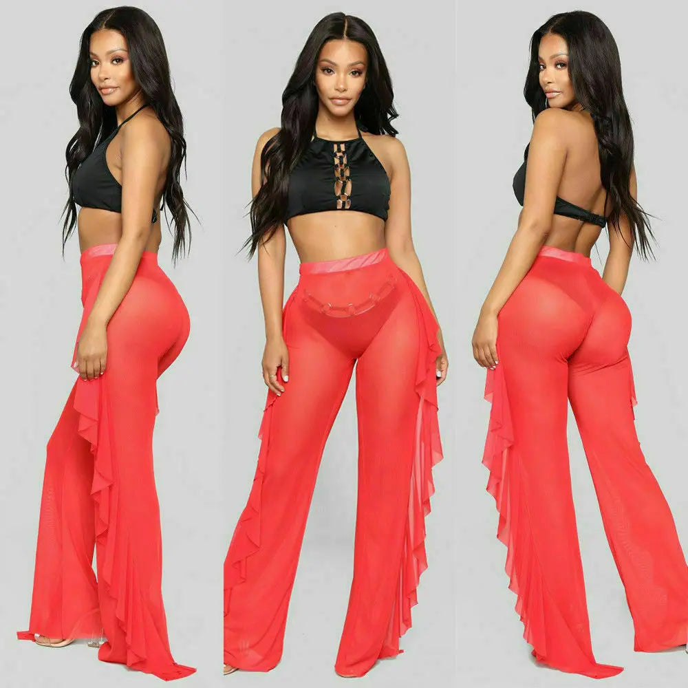 New 2020 Summer Women Beach Mesh Ruffle Sheer Wide Leg Pants Trousers Bikini Cover Up