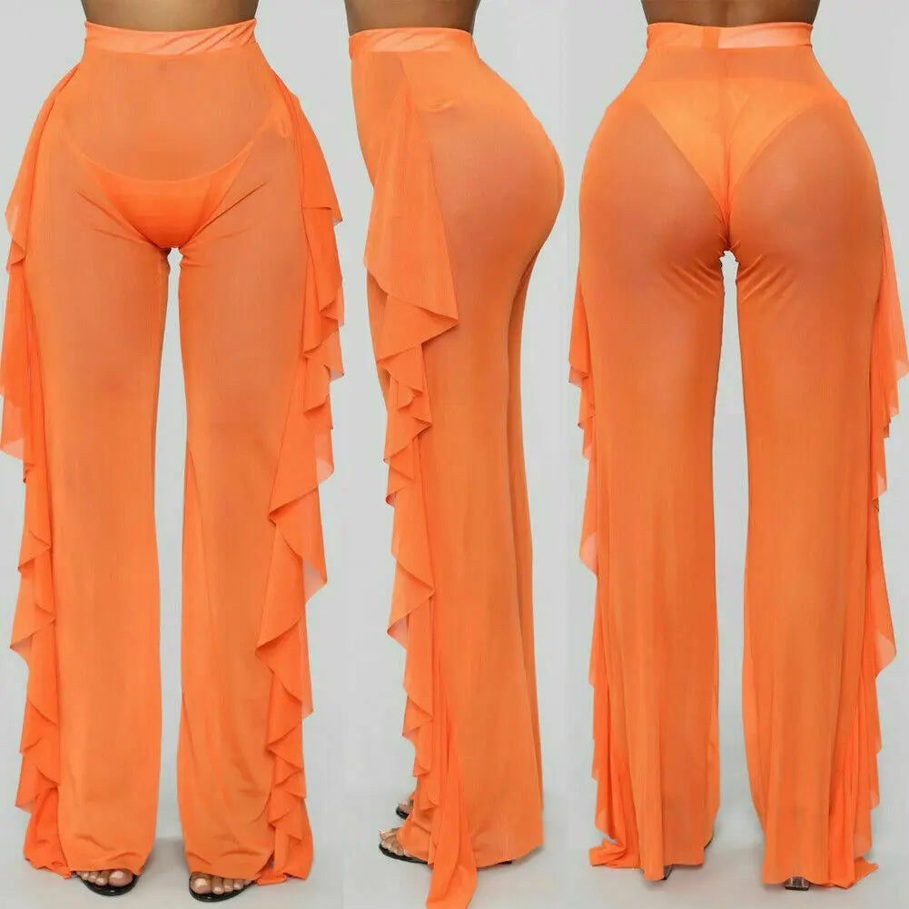 New 2020 Summer Women Beach Mesh Ruffle Sheer Wide Leg Pants Trousers Bikini Cover Up