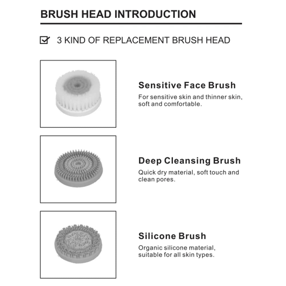 Facial Cleansing Brush Sonic Electric Face Cleanser Waterproof Soft Deep Pore Massage 3 Heads 4 Modes Blackhead Remover Machine