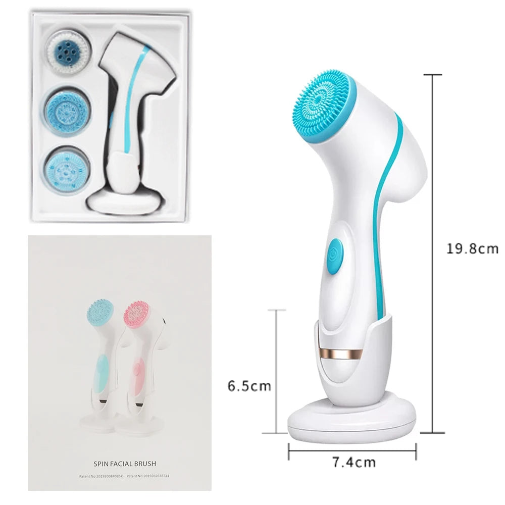 Facial Cleansing Brush Sonic Electric Face Cleanser Waterproof Soft Deep Pore Massage 3 Heads 4 Modes Blackhead Remover Machine