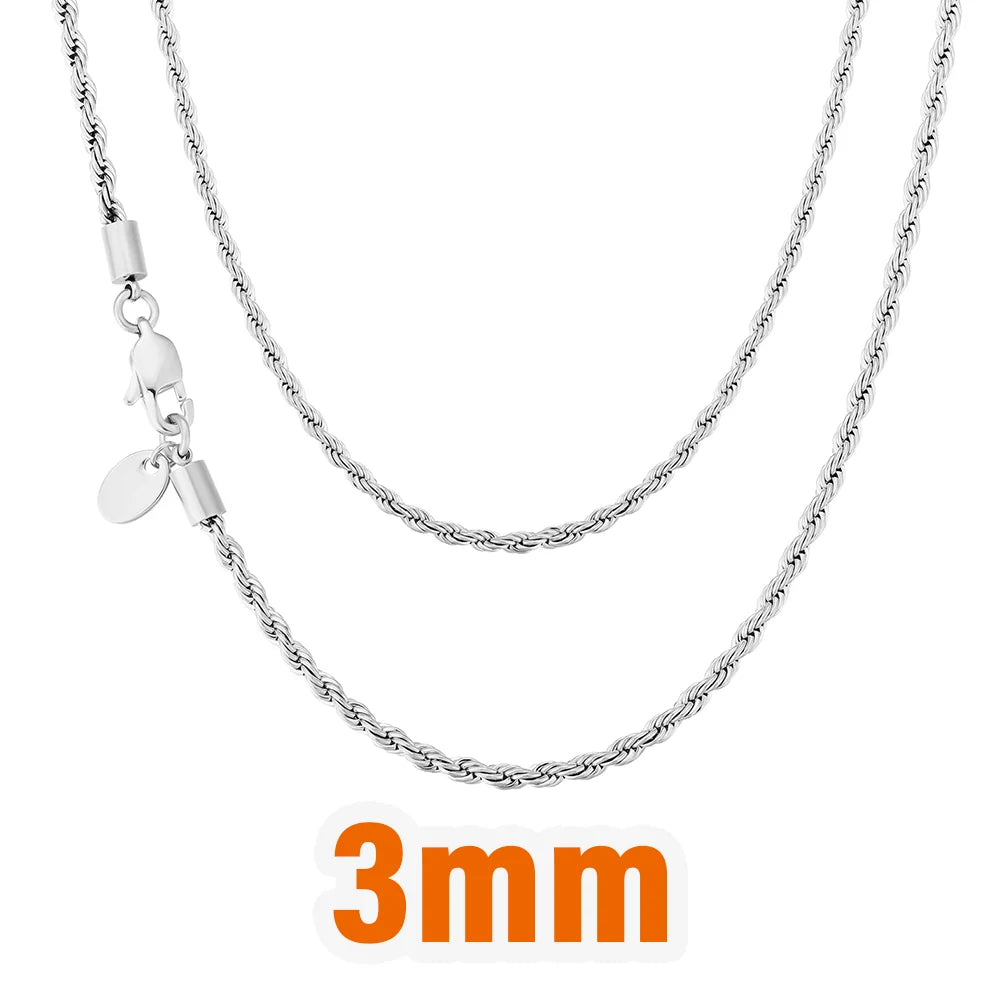 USA Warehouse 3mm Rope Necklace Fashion Jewelry Stainless Steel Twist Link 18k Real Gold Silver Plated Rope Chain for Men Women