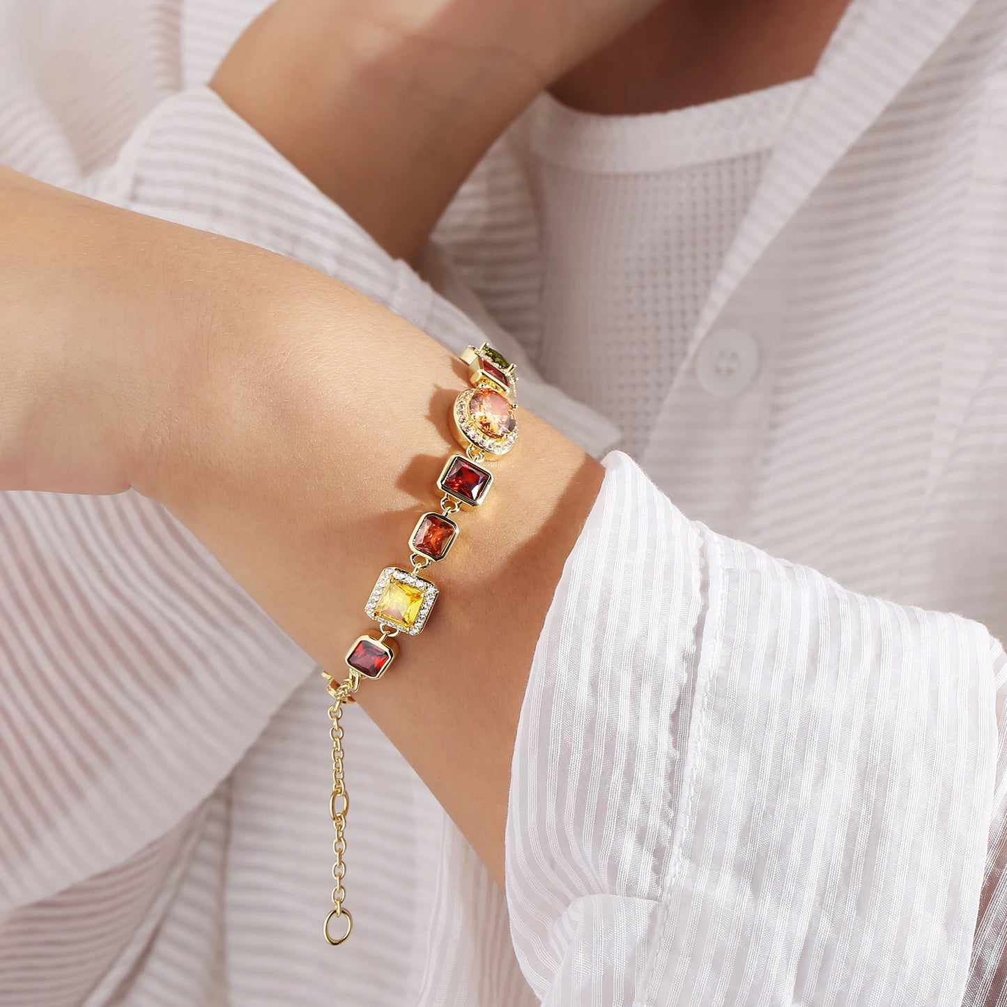 USA Warehouse 10MM Colourful Gemstone Chain 18K Gold Plated Multi Colored CZ Zirconia Jewelry Gem Stone Bracelet for Men Women