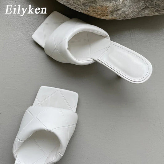 Eilyken Summer New Women Slipper Peep Toe Thin High Heel Sandal Shoes Ladies High Quality PU Leather Slides Pumps