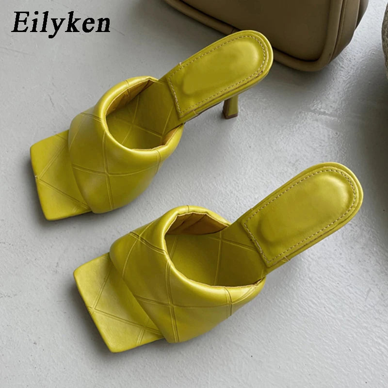 Eilyken Summer New Women Slipper Peep Toe Thin High Heel Sandal Shoes Ladies High Quality PU Leather Slides Pumps