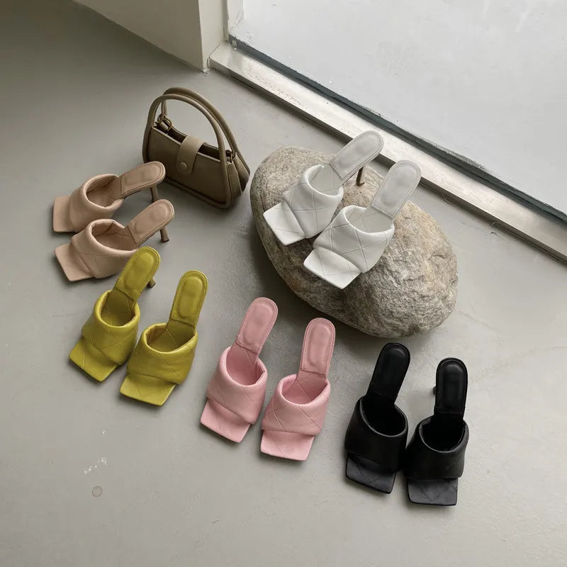 Eilyken Summer New Women Slipper Peep Toe Thin High Heel Sandal Shoes Ladies High Quality PU Leather Slides Pumps