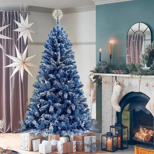 6FT Hinged LED Christmas Tree PET Material Snow Flocked Artificial Holiday Fir Tree with 750 Branches Xmas Ornaments