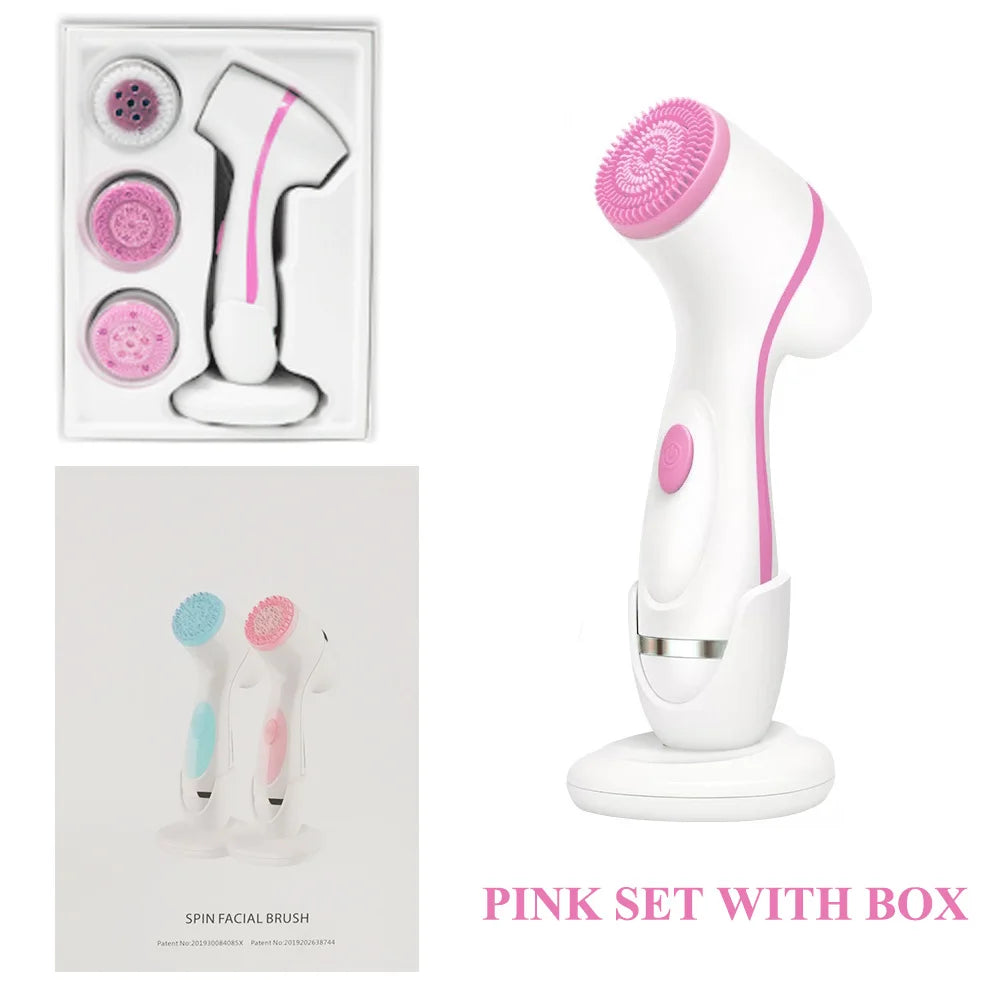Facial Cleansing Brush Sonic Electric Face Cleanser Waterproof Soft Deep Pore Massage 3 Heads 4 Modes Blackhead Remover Machine