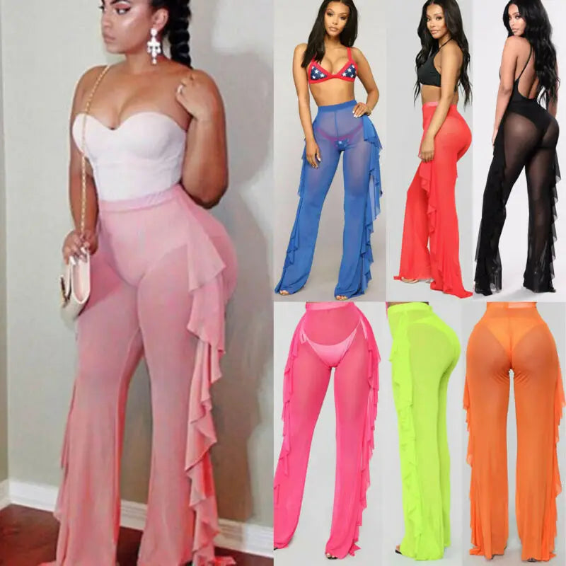 New 2020 Summer Women Beach Mesh Ruffle Sheer Wide Leg Pants Trousers Bikini Cover Up