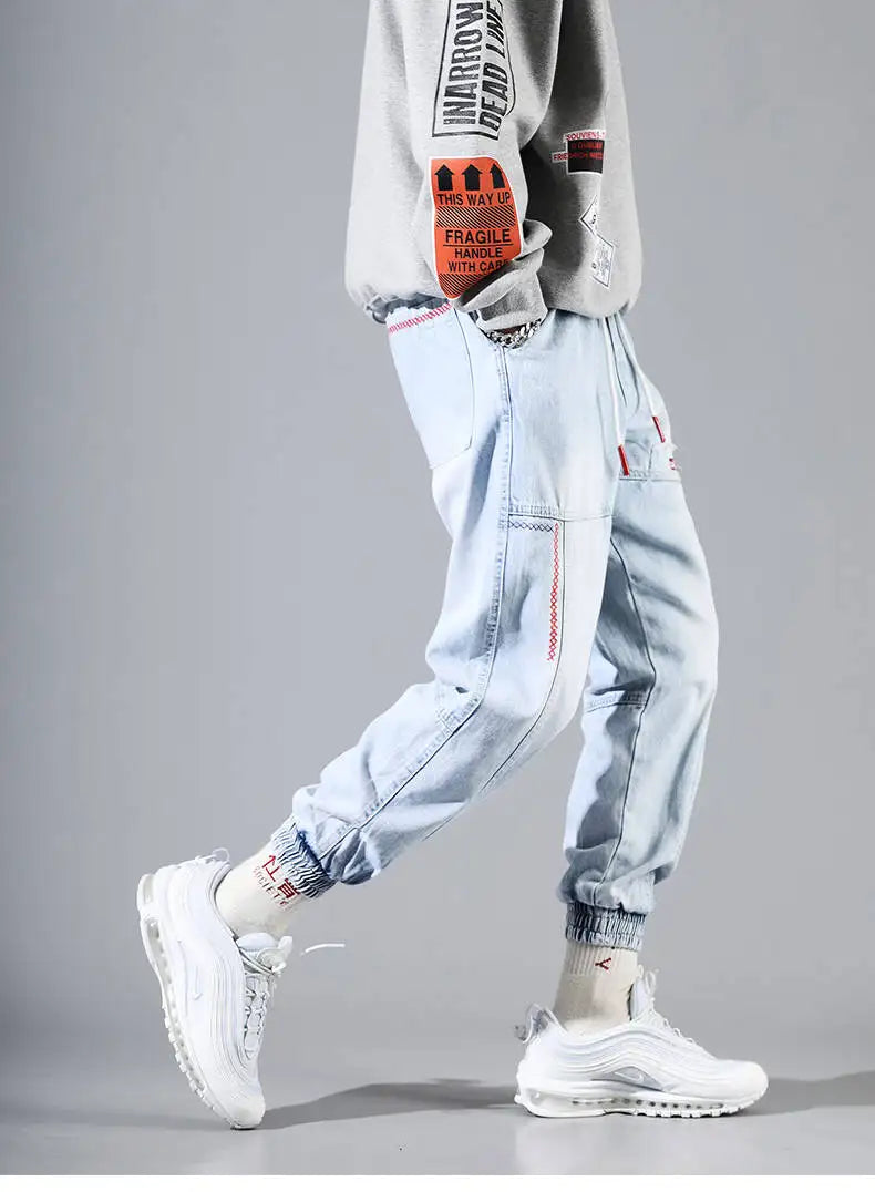 Korean Fashion Ankle Banded Denim Men Jeans Black Gray Cargo Pants for Men Elastic Baggy Harem Pants Streetwear Hip Hop Jeans