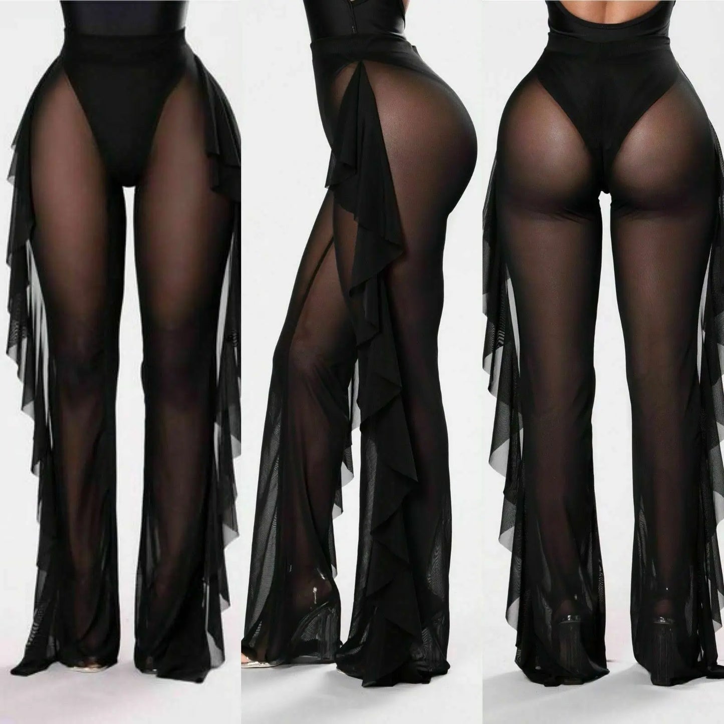 New 2020 Summer Women Beach Mesh Ruffle Sheer Wide Leg Pants Trousers Bikini Cover Up