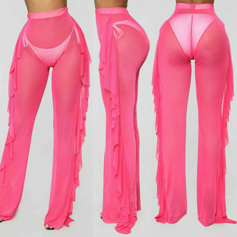 New 2020 Summer Women Beach Mesh Ruffle Sheer Wide Leg Pants Trousers Bikini Cover Up