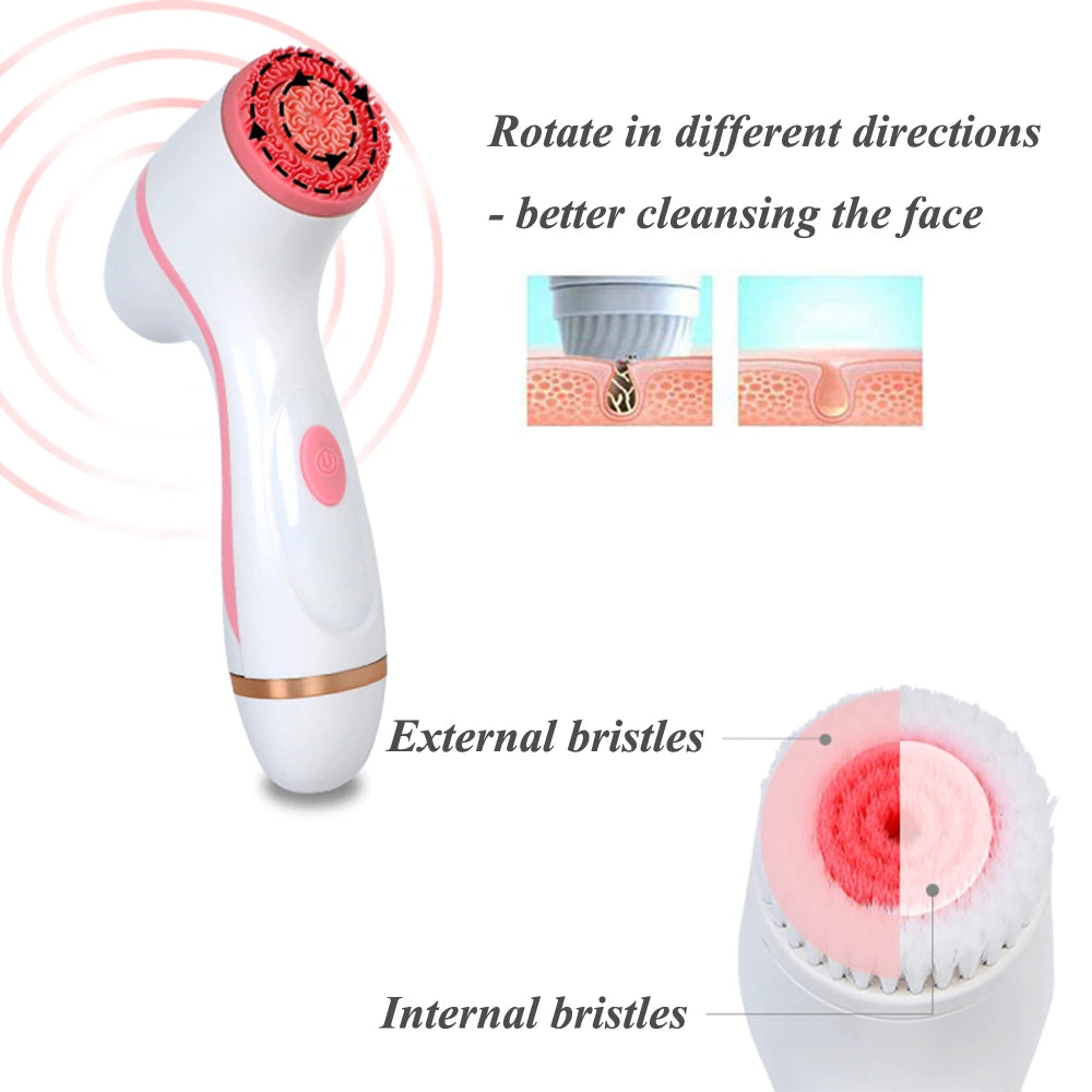 Facial Cleansing Brush Sonic Electric Face Cleanser Waterproof Soft Deep Pore Massage 3 Heads 4 Modes Blackhead Remover Machine