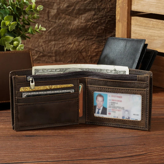 High Quality Hot Sale RFID Blocking Custom Genuine Cow Leather Short Zipper Men Wallet Dark Brown Crazy Horse Leather Wallet