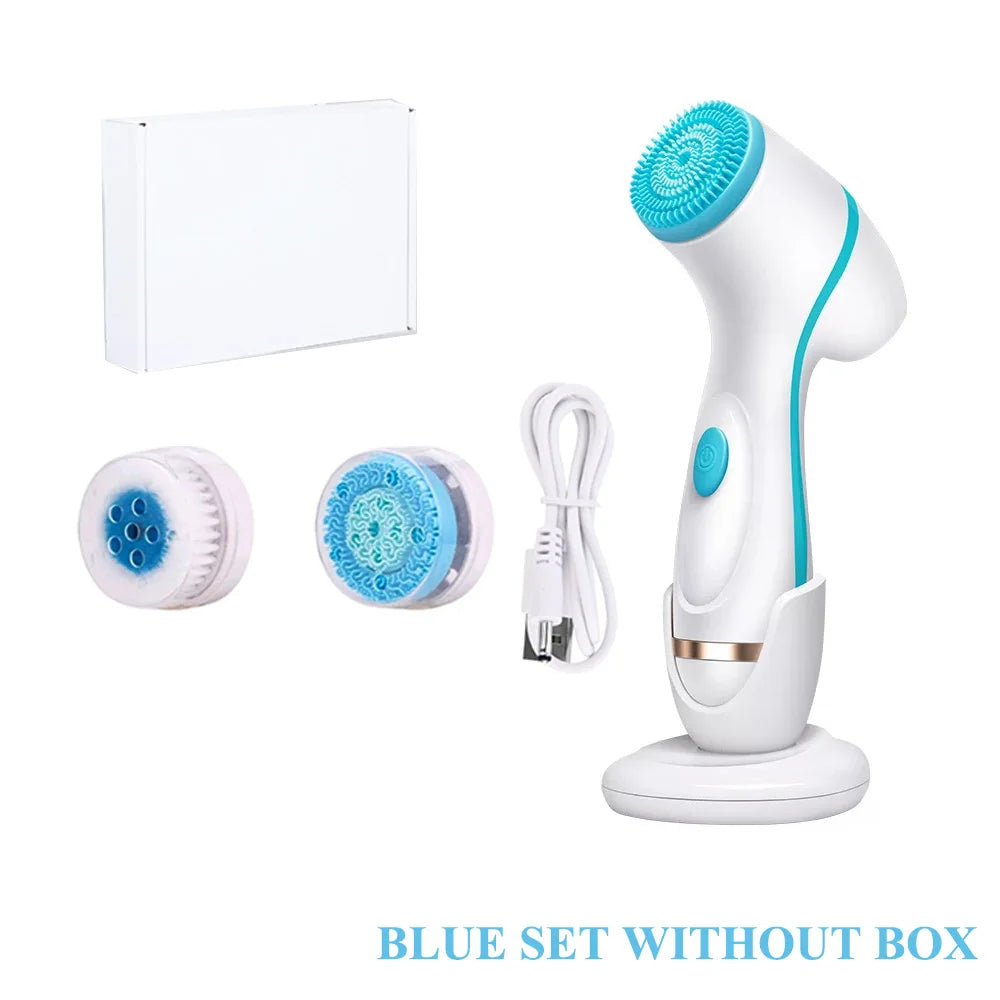 Facial Cleansing Brush Sonic Electric Face Cleanser Waterproof Soft Deep Pore Massage 3 Heads 4 Modes Blackhead Remover Machine