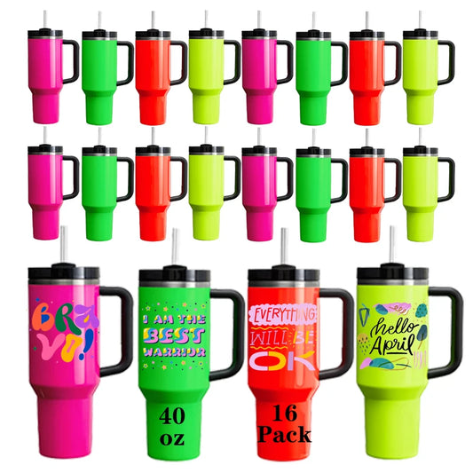 USA Warehouse 16Pack Neon 40oz Sublimation Blank Stainless Steel Vacuum Insulated Travel Coffee Mug Tumbler With Handle