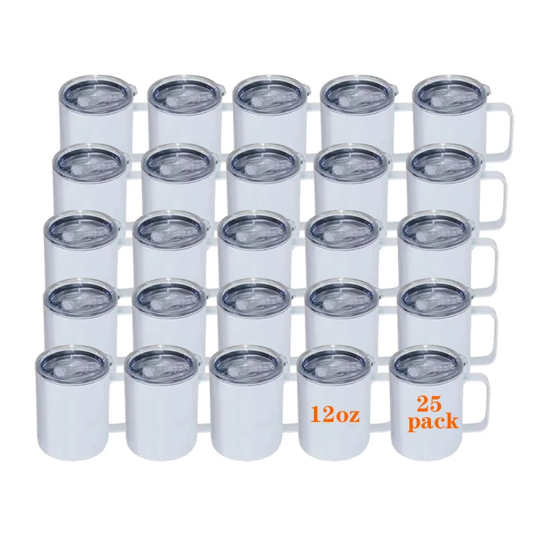 USA Warehouse 25Pack 12 oz 12oz Stainless Steel Sublimation Blanks Coffee Tumbler Camp Mug With Handle for Sublimation