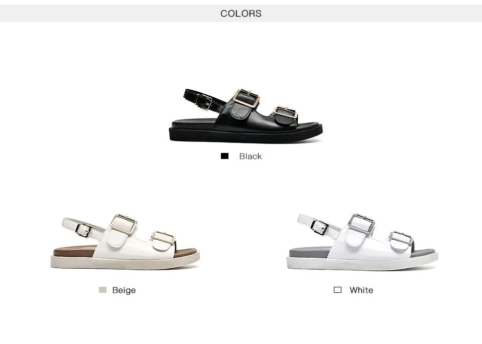 BeauToday Casual Sandals Women Genuine Leather Metal Ankle Buckle Strap Summer Beach Ladies Low Heel Sport Shoes Handmade 38128