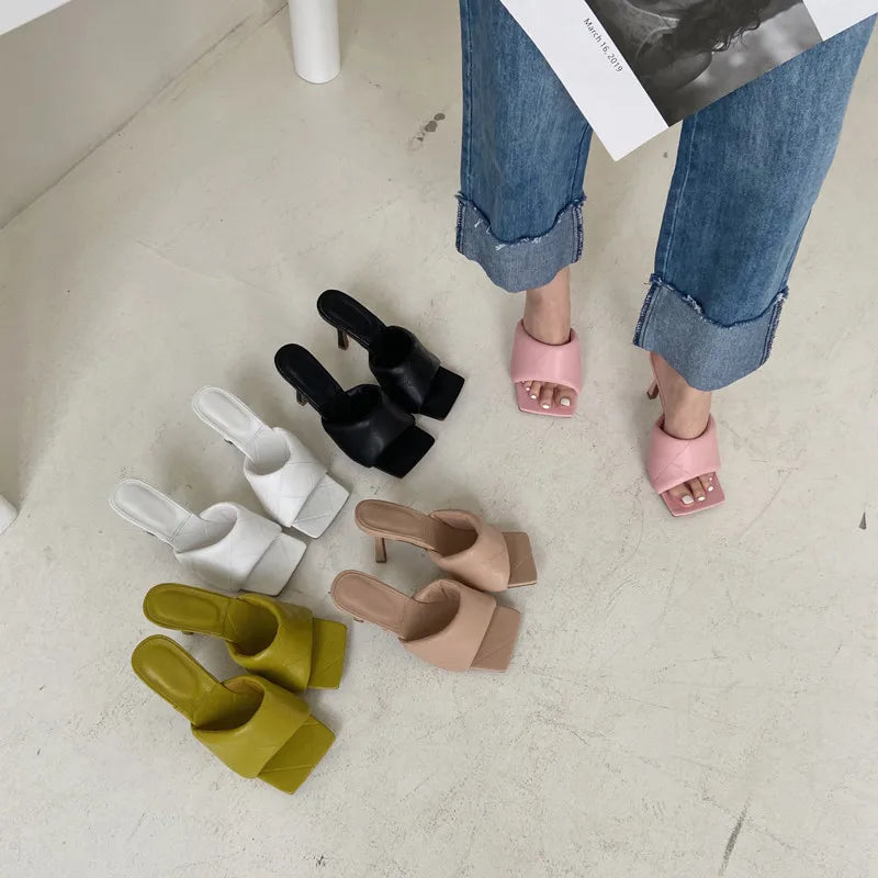 Eilyken Summer New Women Slipper Peep Toe Thin High Heel Sandal Shoes Ladies High Quality PU Leather Slides Pumps