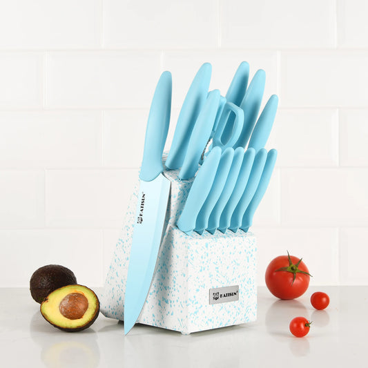 14 Pieces Blue Coding High Carbon Steel Blade, No Rust, and Super Sharp Knife Set with Wooden Stand and Kitchen Scissors