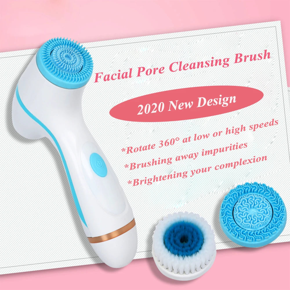Facial Cleansing Brush Sonic Electric Face Cleanser Waterproof Soft Deep Pore Massage 3 Heads 4 Modes Blackhead Remover Machine