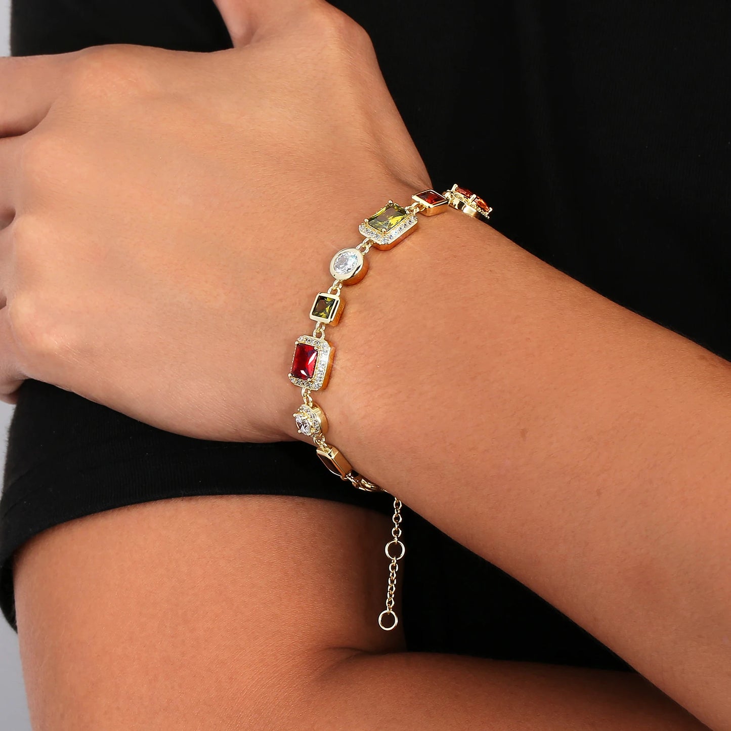 USA Warehouse 10MM Colourful Gemstone Chain 18K Gold Plated Multi Colored CZ Zirconia Jewelry Gem Stone Bracelet for Men Women