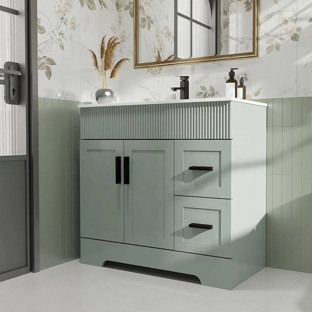 36" Green Bathroom Vanities Combo Set Wave Lines Modern Bathroom Cabinet Vanity Modern Style Bathroom Cabinets for Sale