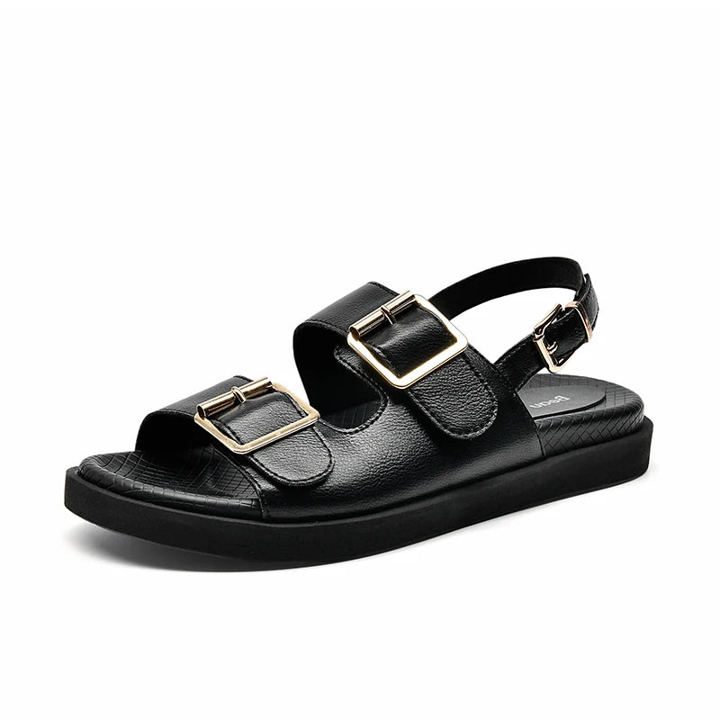BeauToday Casual Sandals Women Genuine Leather Metal Ankle Buckle Strap Summer Beach Ladies Low Heel Sport Shoes Handmade 38128
