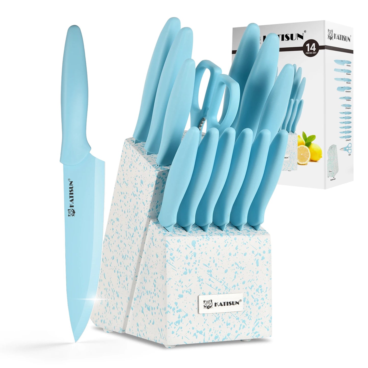 14 Pieces Blue Coding High Carbon Steel Blade, No Rust, and Super Sharp Knife Set with Wooden Stand and Kitchen Scissors