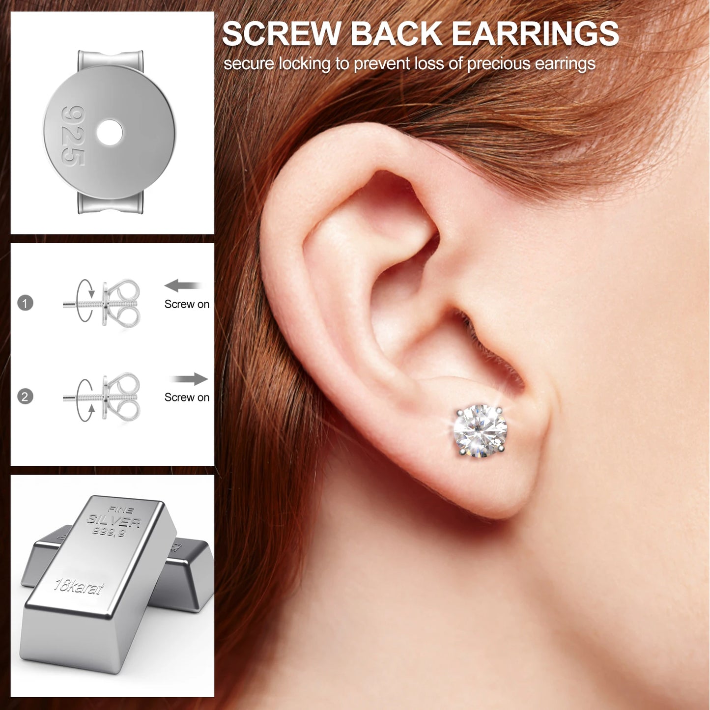 USA Local Stock Men Women Luxury 18K Gold Plated Sterling Silver Classic VVS Moissanite Diamond Stud Earrings With Gift Box