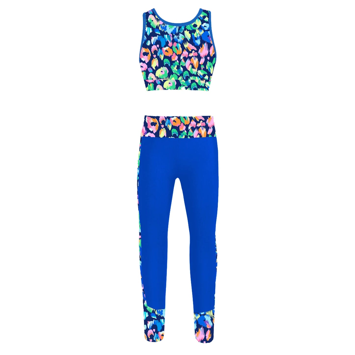 Teenage Girls Sportswear Suits Gymastics Workout Outfits Mesh Racer Back Tanks Crop Top with Leggings for Ballet Dancewear Sets