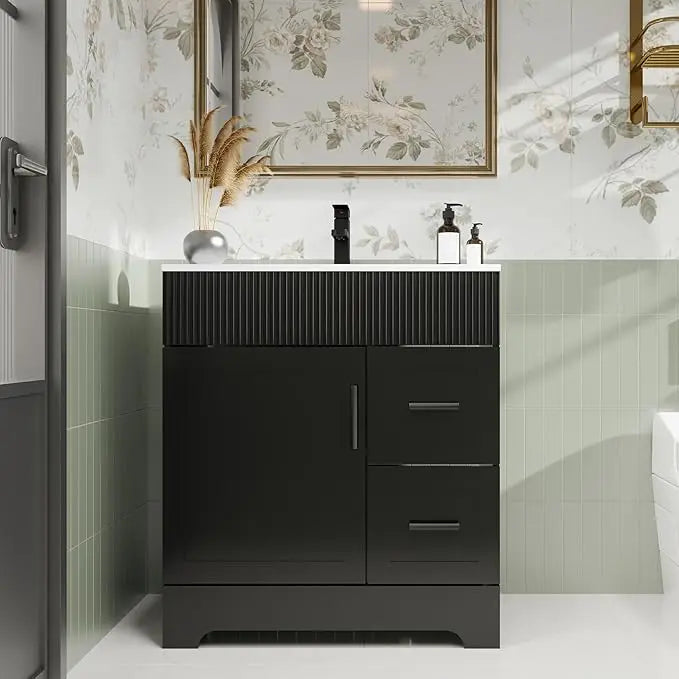 36" Green Bathroom Vanities Combo Set Wave Lines Modern Bathroom Cabinet Vanity Modern Style Bathroom Cabinets for Sale