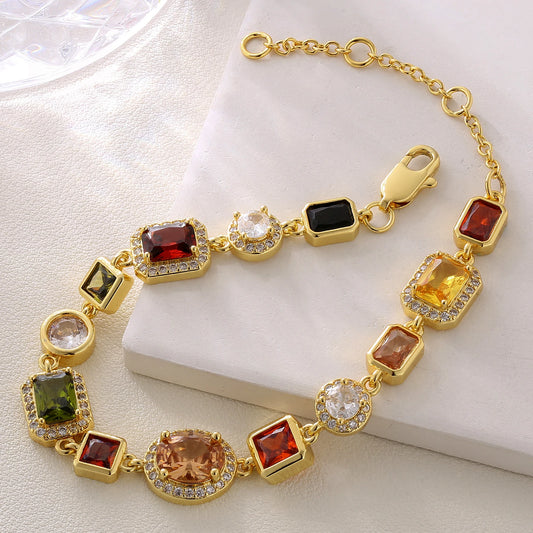 USA Warehouse 10MM Colourful Gemstone Chain 18K Gold Plated Multi Colored CZ Zirconia Jewelry Gem Stone Bracelet for Men Women