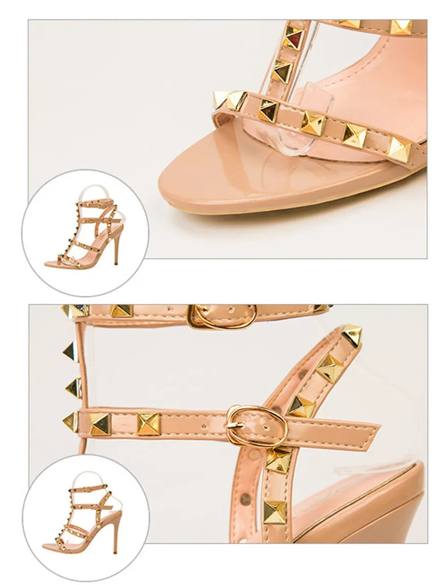 Rome Rivet Double Buckle Women Sandals Open Toe Fashion High Heels Cut-Outs Party Shoes Female Red Wedding Patent Leather Sandal