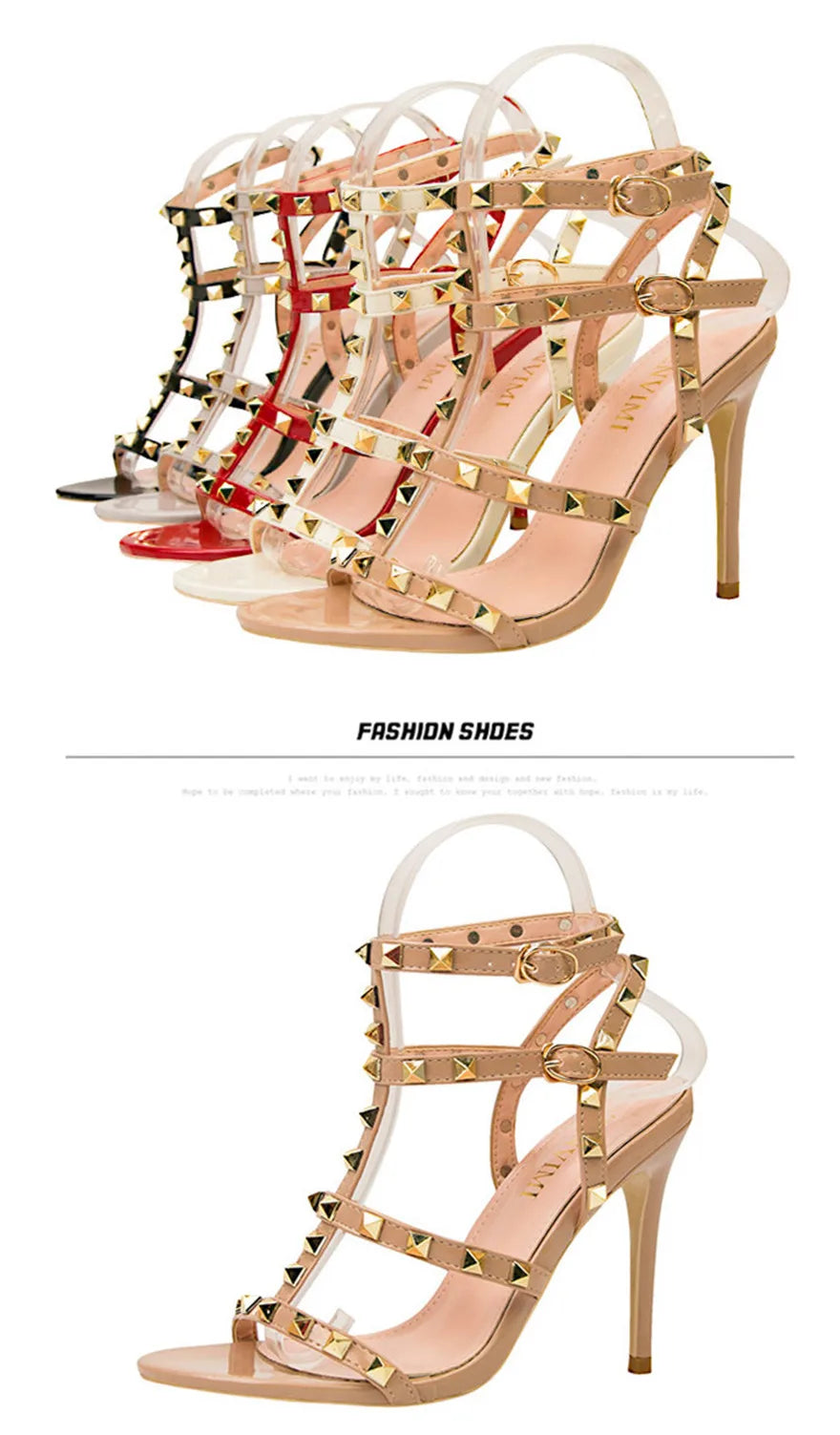 Rome Rivet Double Buckle Women Sandals Open Toe Fashion High Heels Cut-Outs Party Shoes Female Red Wedding Patent Leather Sandal