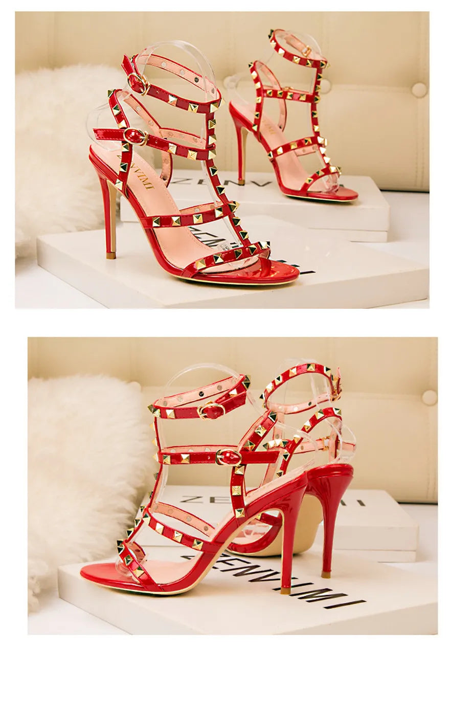Rome Rivet Double Buckle Women Sandals Open Toe Fashion High Heels Cut-Outs Party Shoes Female Red Wedding Patent Leather Sandal